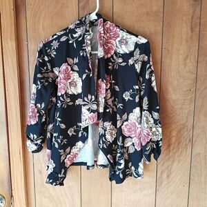 Bonded Women’s Black Floral Open Front Jacket Size Small Lightweight Kimono